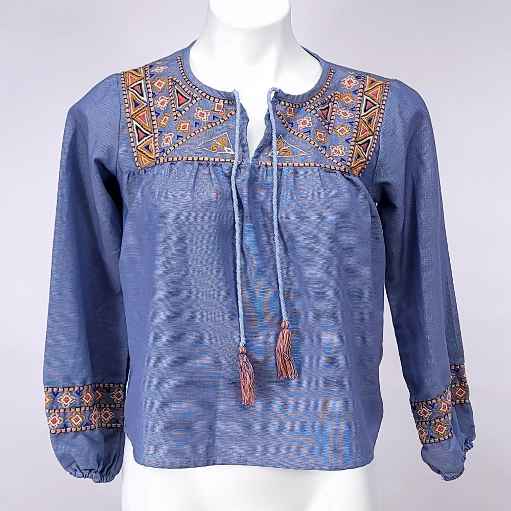 Rebellion Society Blue Embroidered Peasant Blouse Tassel‎ Tie Boho Top Small
